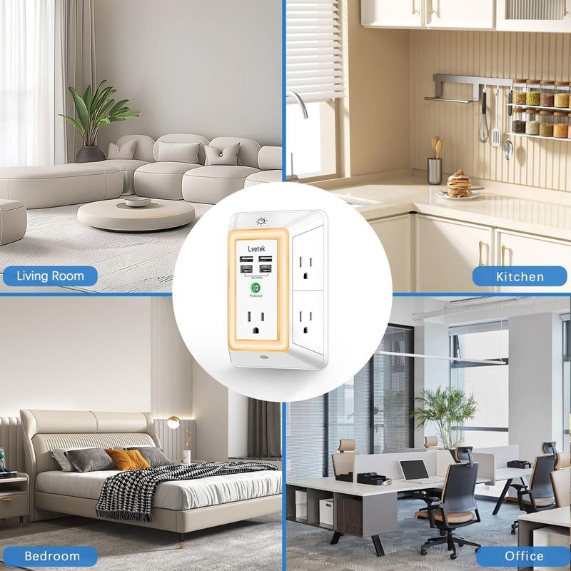 Lvetek حماية من زيادة التيار مع مقبس متعدد - شريط طاقة ثلاثي الجوانب مع 5 مآخذ و 4 منافذ USB (2 USB-C) وضوء ليلي، شاحن حائط USB للمنزل، المكتب، السفر، مدرج من ETL، أبيض - Image 5